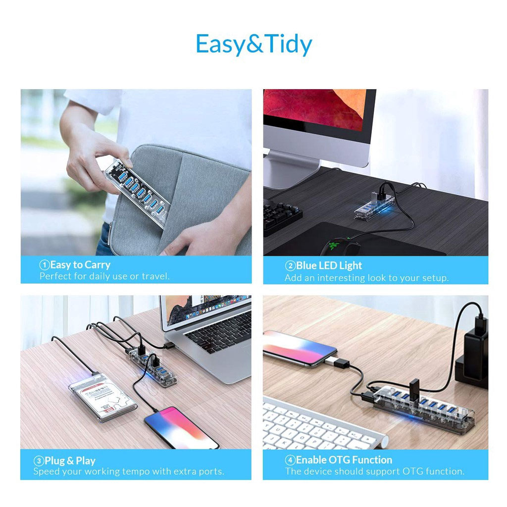 Hub USB F7U-U3 7 Cổng Trong Suốt Tốc Độ Cao 5Gbps Bộ Chia USB3.0 Dành Cho Macbook Air Laptop Máy Tính Bảng