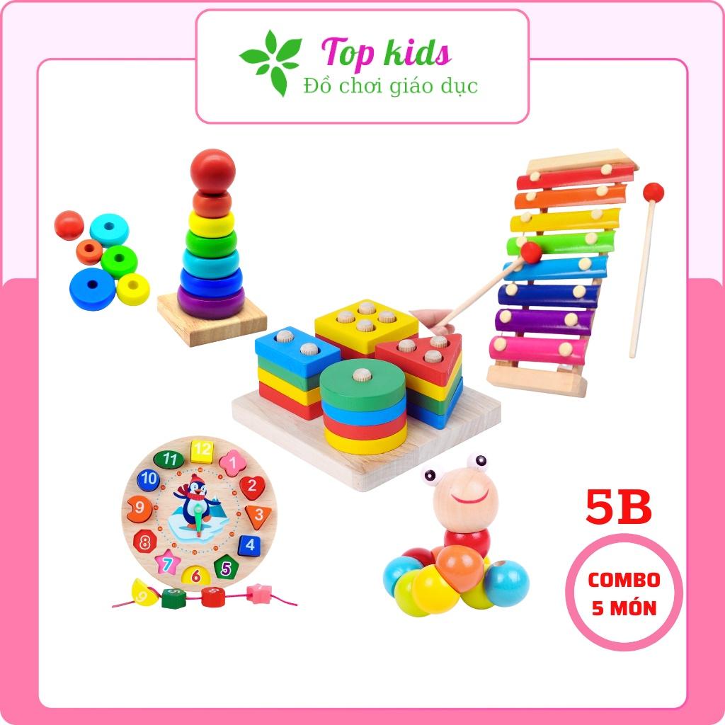 Đồ chơi gỗ thông minh montessori combo 5 bộ xếp hình khối giáo dục sớm cho bé trai bé gái 1 2 3 4 5 6 tuổi