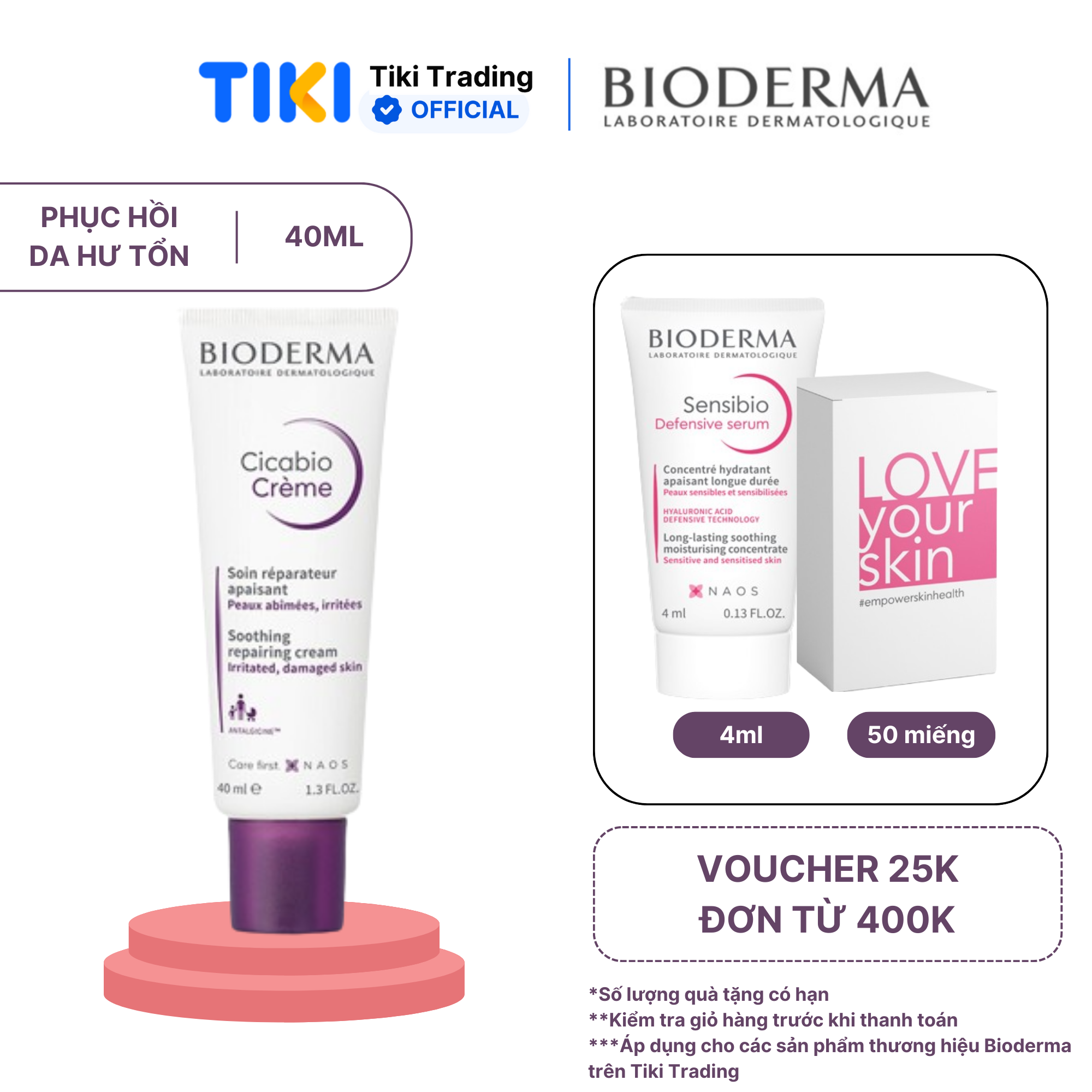 Kem dưỡng làm dịu và phục hồi nhanh cho da tổn thương và sau thủ thuật thẩm mỹ Bioderma Cicabio Crème - 40ml