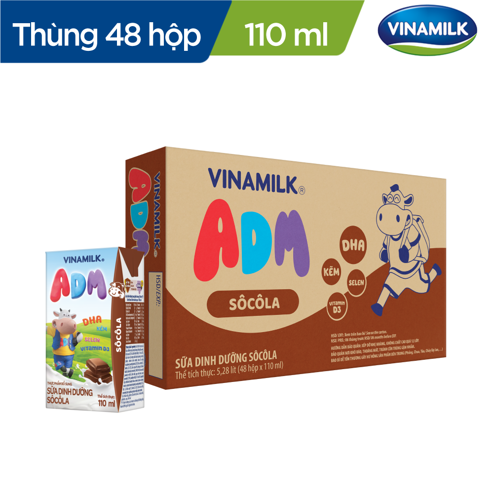 Thùng 48 Hộp Thức uống Sữa Lúa mạch Sôcôla Vinamilk ADM (110ml)