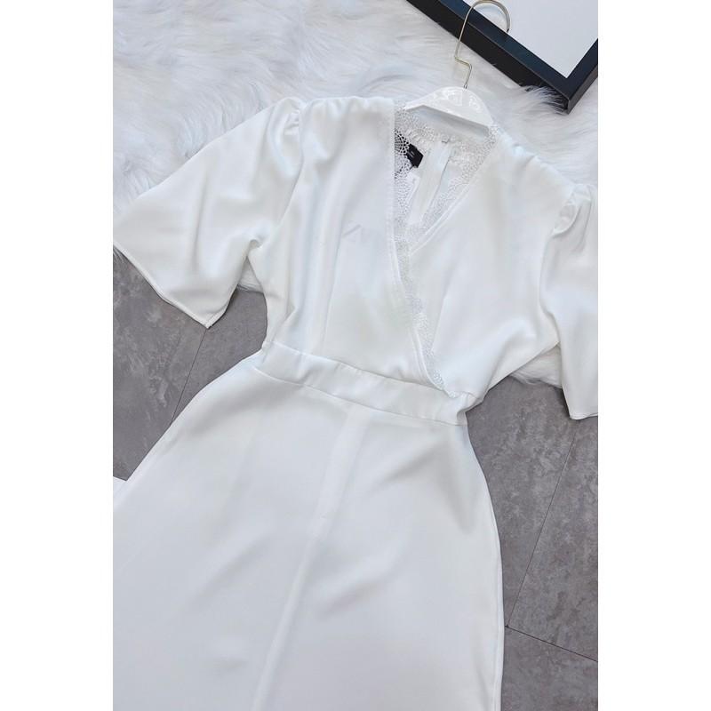 VÁY TRẮNG CỔ V PHỐI REN DÁNG DÀI CHO NỮ