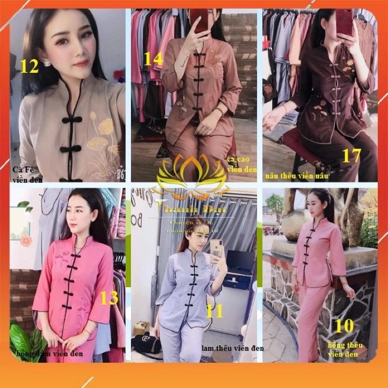 Đồ Lam Đi Chùa quần áo Phật Tử bộ bà lai cổ tàu thêu sen