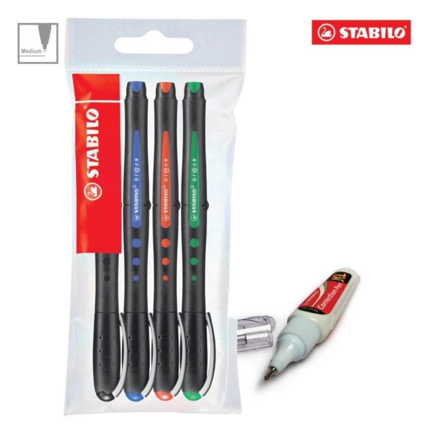 Bộ 4 Bút bi ký STABILO bl@ck+ M 1.0mm xanh+ đỏ+ đen+ xanh lá + bút xoá STABILO CPS88 (BLKM-C4+)