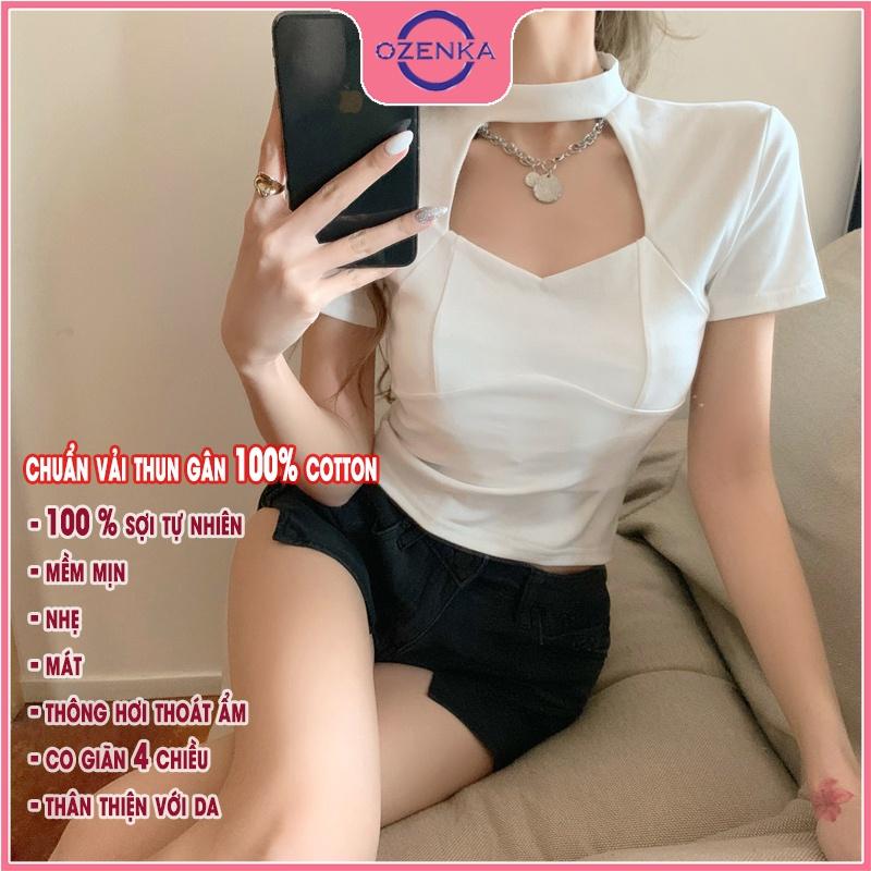 Áo croptop kiểu Hàn Quốc tay ngắn ôm nữ, áo thun crt ngắn mặc đi học đi chơi chất thun gân cotton 100% đen trắng