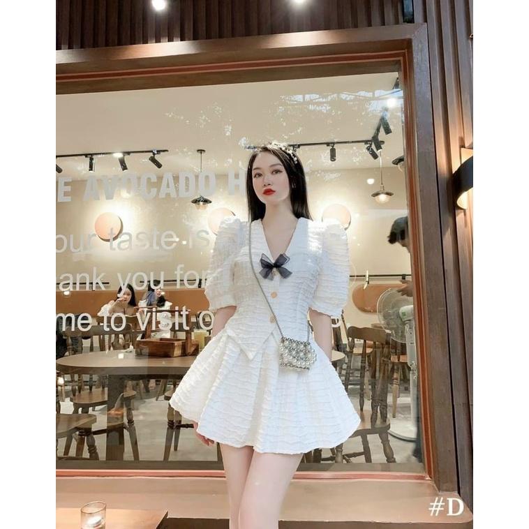 GKM_ Sét bộ đồ nữ gấm áo kiểu phối nơ mixx chân váy xếp ly xòe xinh xắn phong cách ngọt ngào DS GKM