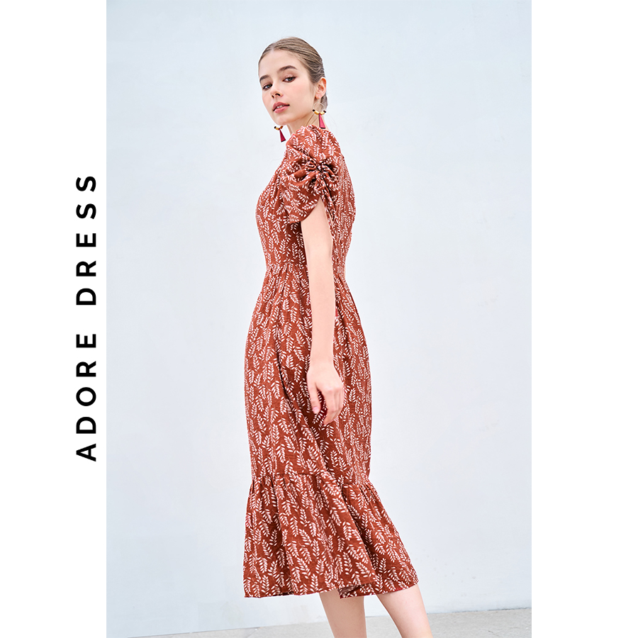 Đầm Midi dresses đũi cam hoa nhỡ trắng nối tùng 311DR2023 ADORE DRESS