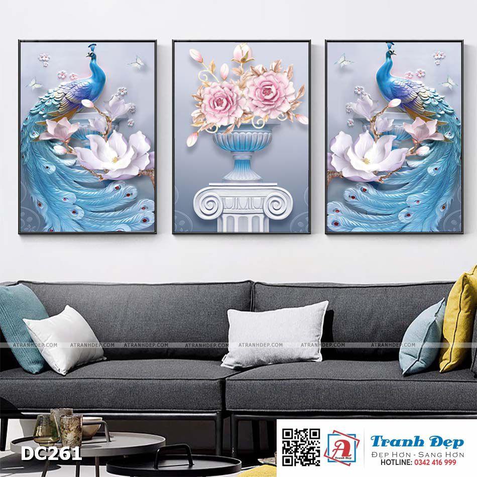 Bộ 3 tranh canvas treo tường Decor Họa tiết chim công - DC261