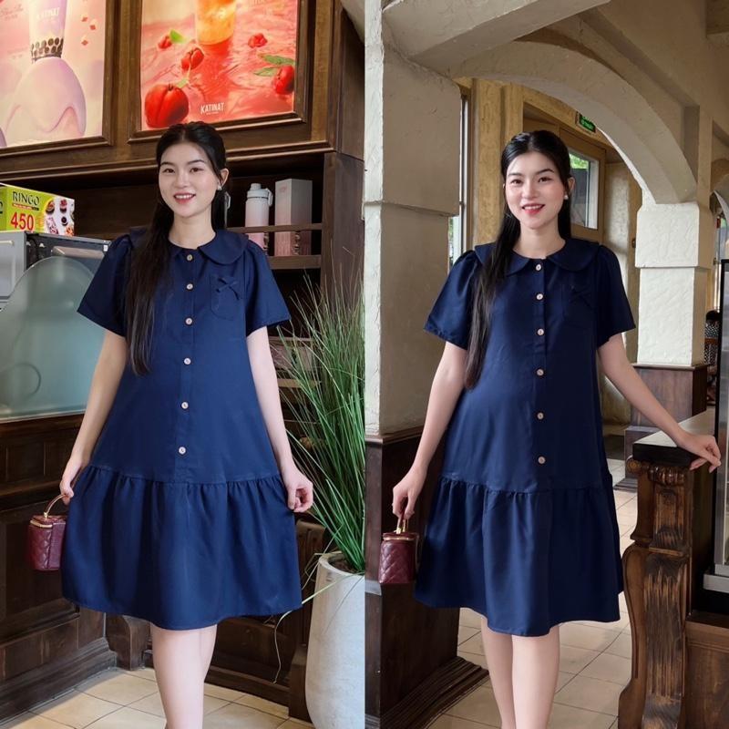 Đầm bầu công sở form đuôi cá phối nút cổ sen chất cotton lạnh đồ bầu đẹp dễ thương - Xanh rêu