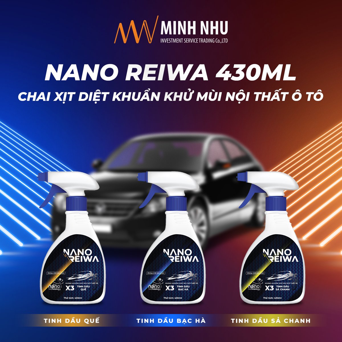 Chai xịt diệt khuẩn khử mùi ô tô xe khách bằng nano bạc Nano Reiwa 430ml hương dịu nhẹ, được chứng nhận viện Pasteur an toàn cho trẻ em - Hàng chính hãng