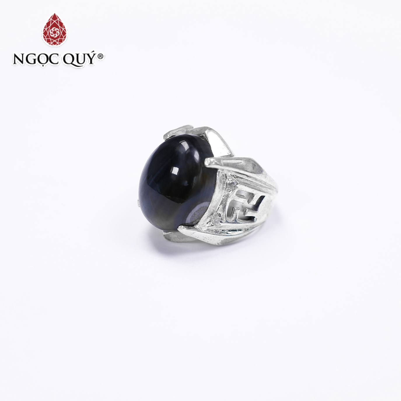 Nhẫn bạc nam mặt đá thạch anh mắt hổ xanh đen ni18 mệnh thủy, mộc - Ngọc Quý Gemstones