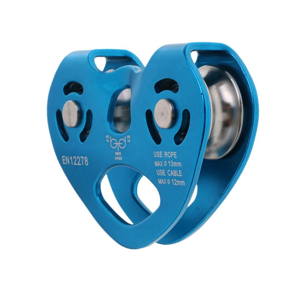 30KN Climbing Pulley General Purpose Aluminum Rope Pulley with Stainless Steel Ball Baearing Double Sheave for Rescue/Aloft Work/Rappelling