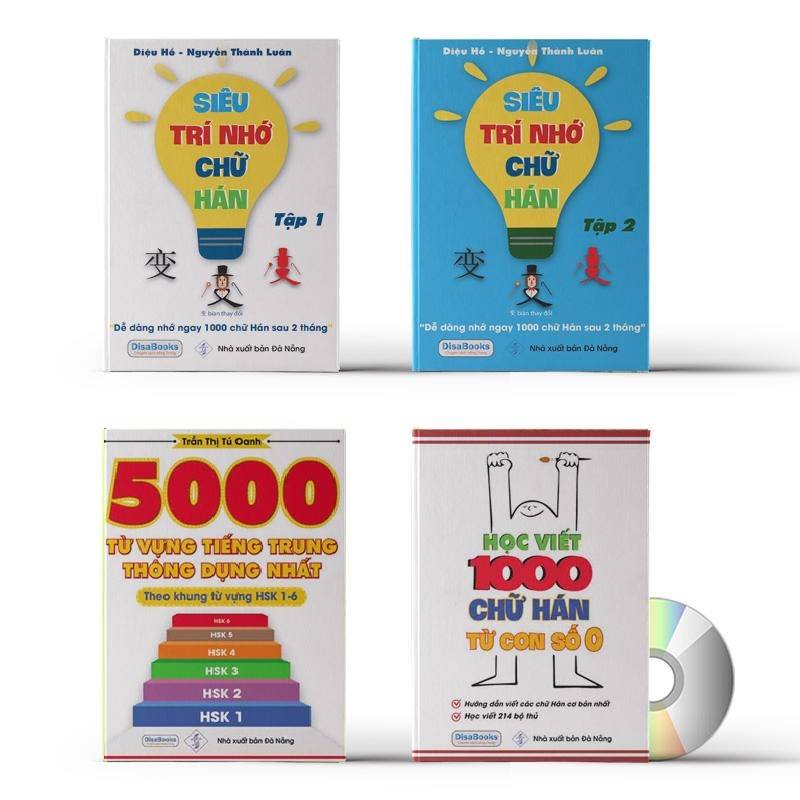 Combo 4 sách: Siêu trí nhớ chữ Hán tập 01 + tập 02 + 5000 từ vựng tiếng trung thông dụng theo khung HSK1 đến HSK6 và học viết 1000 chử Hán từ con số 0+ DVD tài liệu nghe