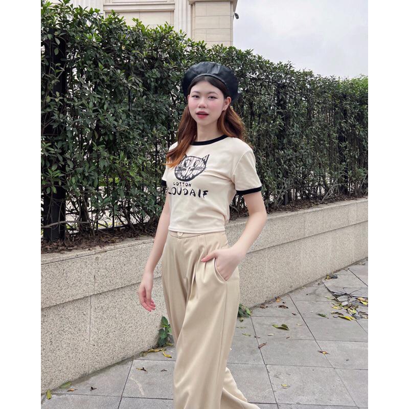 Áo phông nữ croptop dáng ngắn viền màu hình con mèo dây buộc sau a238708 germe