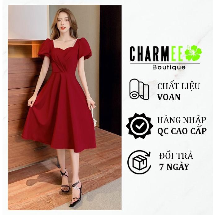 Đầm đỏ cổ thuyền đính dây ngọc