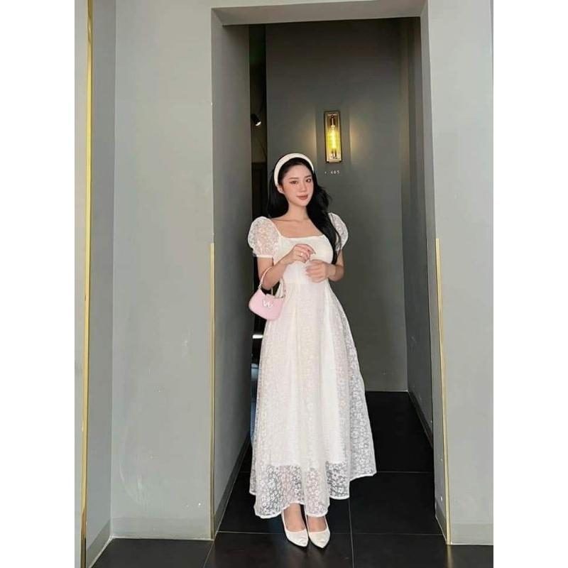 ĐẦM REN HOA TRẮNG DÁNG DÀI XÒE