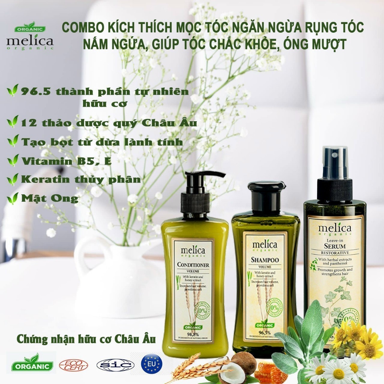 Cặp gội xả thảo dược hữu cơ ngừa rụng tóc, kích thích mọc tóc Melica Organic 300ml Keratin và Protein thủy phân