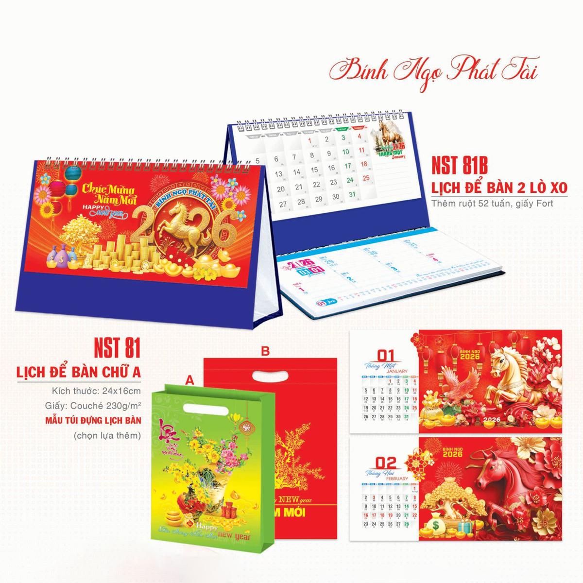 Lịch Để Bàn 2 Lò Xo - Bính Ngọ Phát Tài - NST 81B
