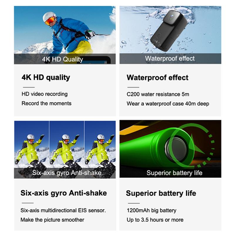 C200 Plus Camera Hành Động 4K 16MP WiFi NTK96660 Con Quay Hồi Chuyển Chống Rung Nhìn Xuyên Đêm Thân 5M Chống Nước DV Webcam Thể Thao Di Động
