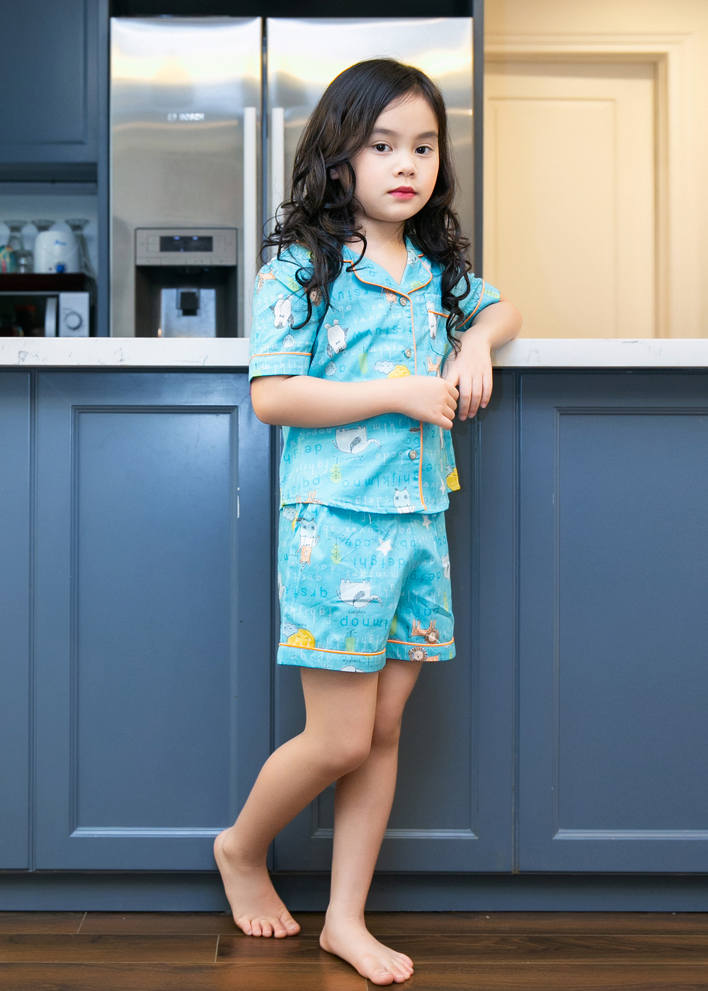 Bộ mặc nhà Pijama bé gái màu xanh họa tiết hình thú