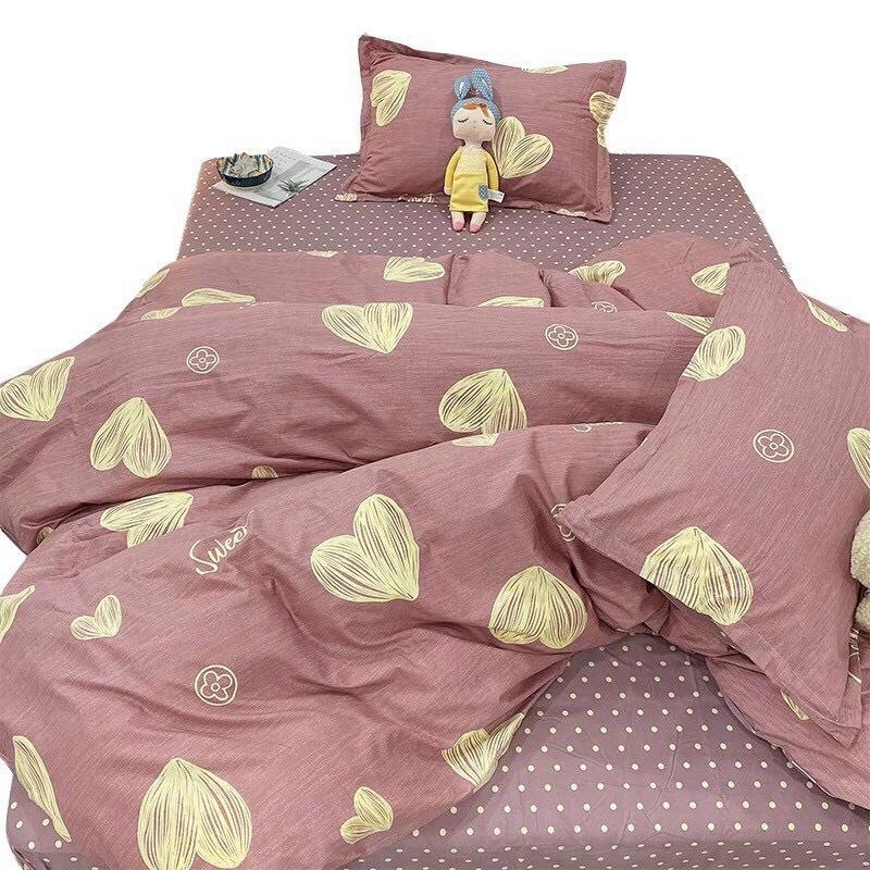 Bộ chăn ga gối Poly Cotton poly trái tim nâu đủ kích thước 1m2 đến 2m*2m2