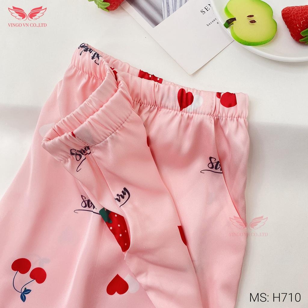 Đồ bộ nữ Pijama mặc nhà lụa Pháp cao cấp VINGO tay ngắn quần đùi cherry và dâu hồng dễ thương mặc mùa Hè mát H710 VNGO