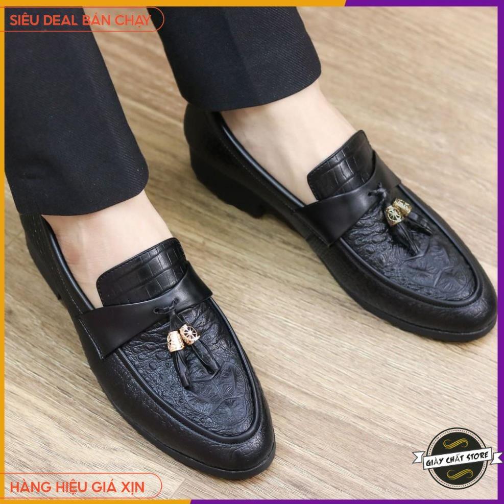 GIÀY LƯỜI DA NAM GIÁ RẺ - DẬP VÂN CÁ SẤU CÓ CHUÔNG VÀNG - ĐẾ CAO 3CM - MÃ L184