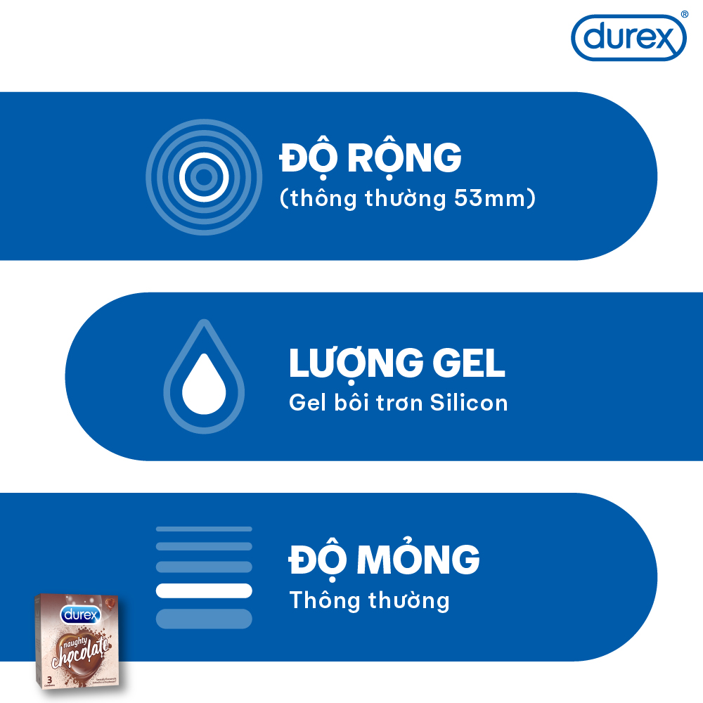 Bộ 3 hộp bao cao su Durex Naughty Chocolate hương socola, size 52mm, 3 bao/hộp