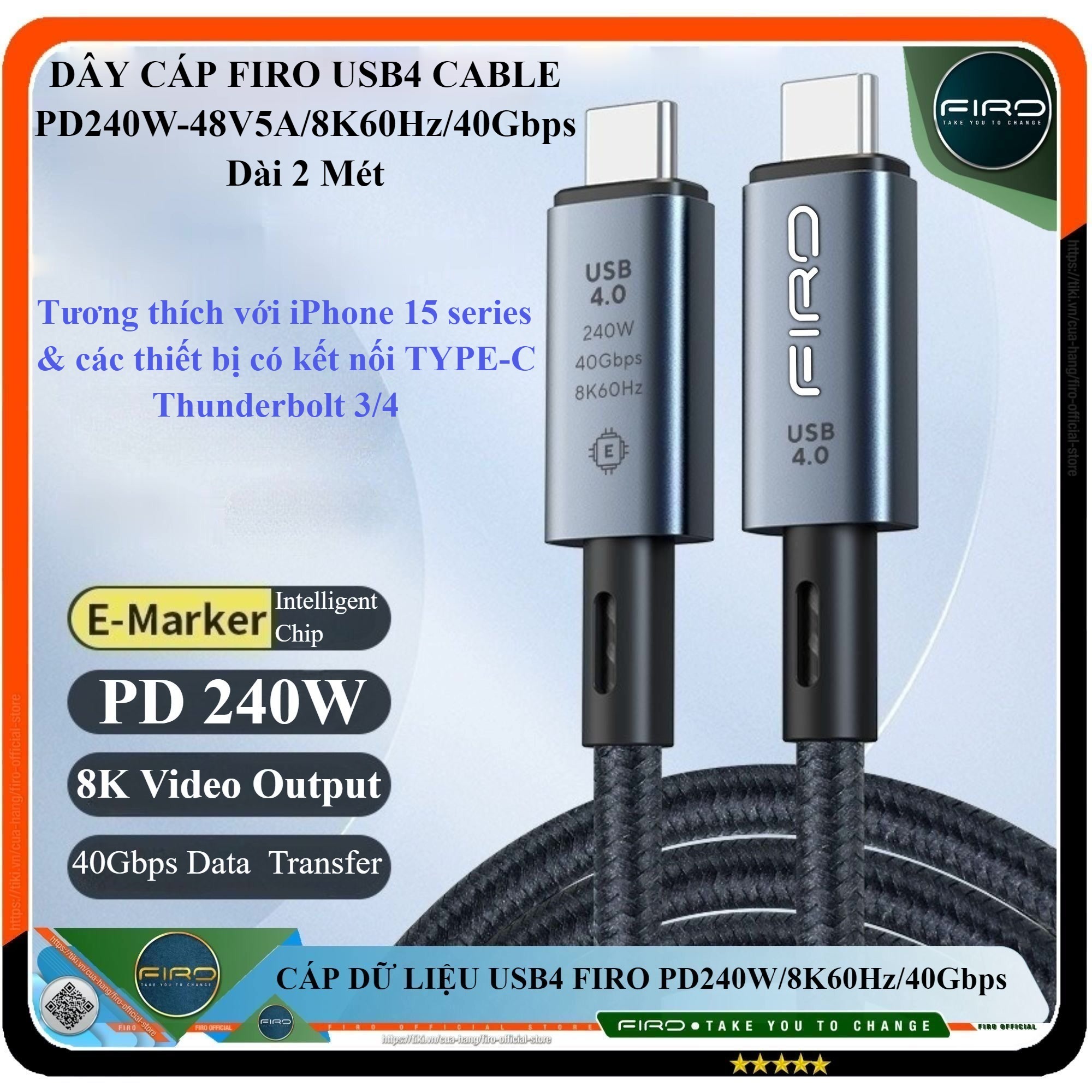 Cáp USB4 FIRO Type-C To Type-C PD240W/8K60Hz/40Gbps - Dây USB4 FIRO Tương Thích Với Thunderbolt 3/4  Đầy Đủ Tính Năng Sạc Nhanh PD240W / 8K60Hz Video / 40Gbps Data - Dài 1,5Mét Lõi Dù Dùng Cho iPhone15 Series, Macbook, Laptop, Smartphone - Hàng Chính Hãng
