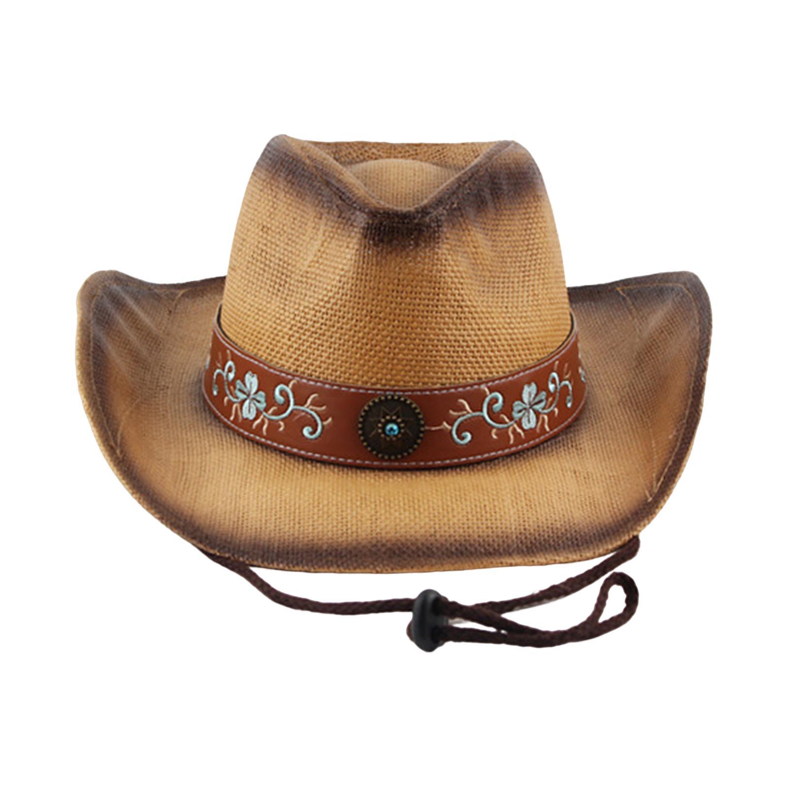 Western Style Cowboy Hat Women Men Wide Roll up Brim Outdoor Sun Hats with Chin Strap Versatile Jazz Caps Sun Protection for Festivals Travel