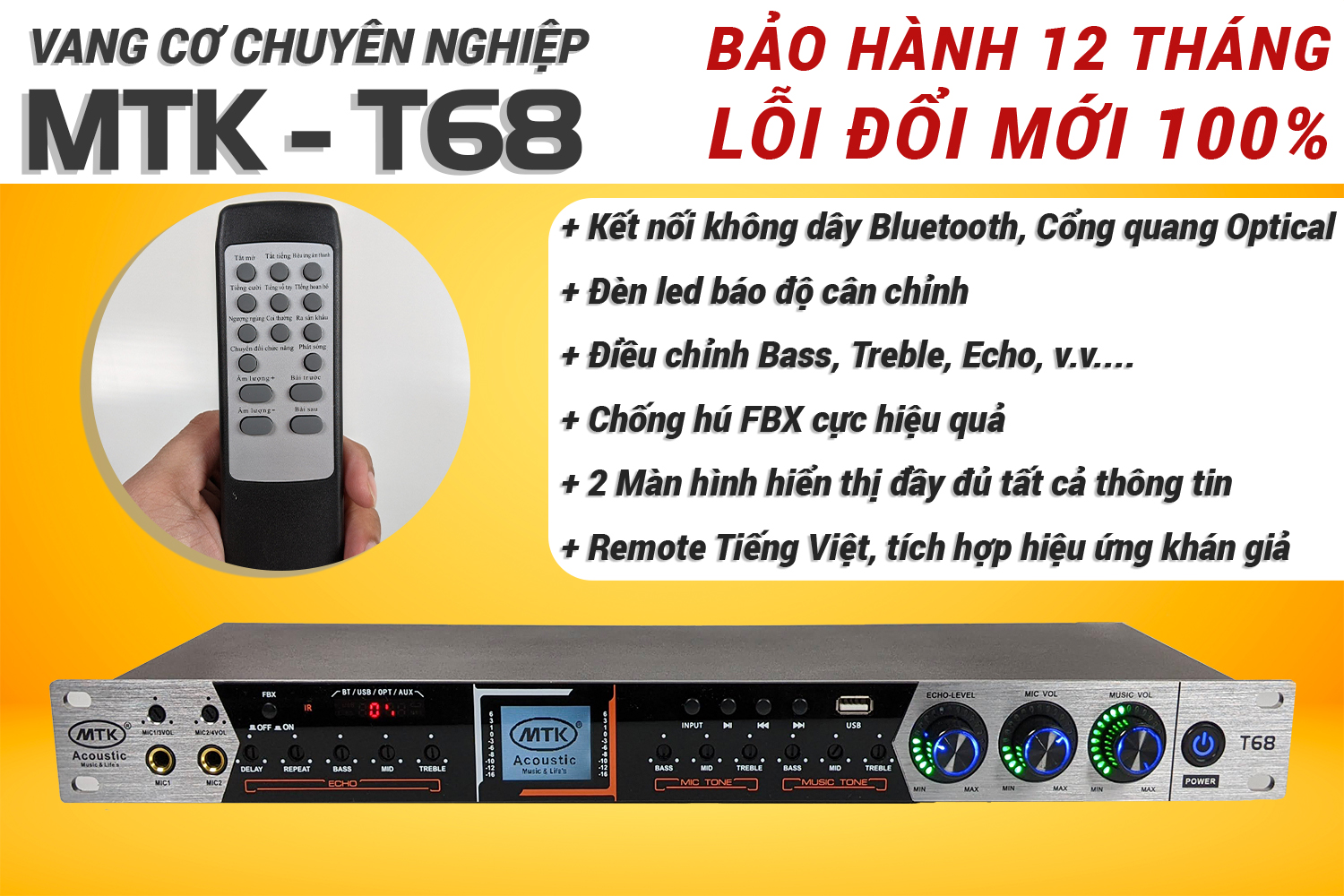 VANG CƠ CHUYÊN NGHIỆP Max MTK T68  - VANG CƠ HIỆN ĐẠI NHẤT – MỚI NHẤT NĂM 2021 - ÂM THANH CỰC CHUẨN – CHỐNG HÚ HIỆU QUẢ - ĐẦY ĐỦ CỔNG KẾT NỐI, CÓ CỔNG QUANG OPTICAL - MÀN HÌNH LCD - REMOTE TIẾNG VIỆT CÓ HIỆU ỨNG KHÁN GIẢ