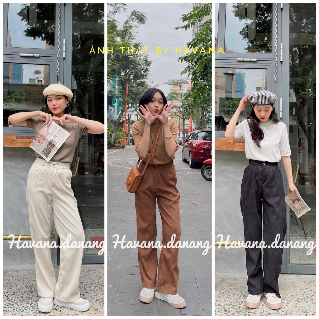Quần nhung tăm ống suông rộng, cạp chun, form suông dài