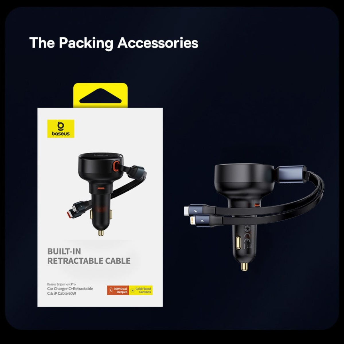 Tẩu sạc dùng trên ô tô tích hợp cáp Type C và Lightning Cable 60W Baseus Enjoyment Pro Car Charger - Hàng chính hãng