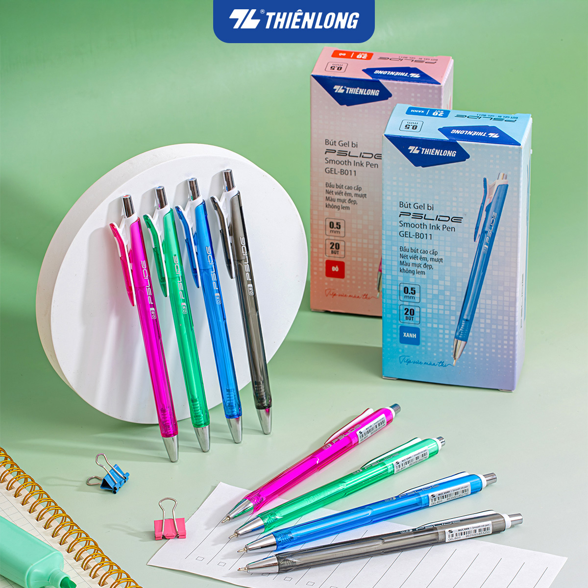 Combo 20 Bút Gel B Thiên Long GEL-B011 ngòi 0,5mm mực xanh đỏ đen kiểu dáng đơn giản có đệm mềm giúp cầm tay êm - Xanh