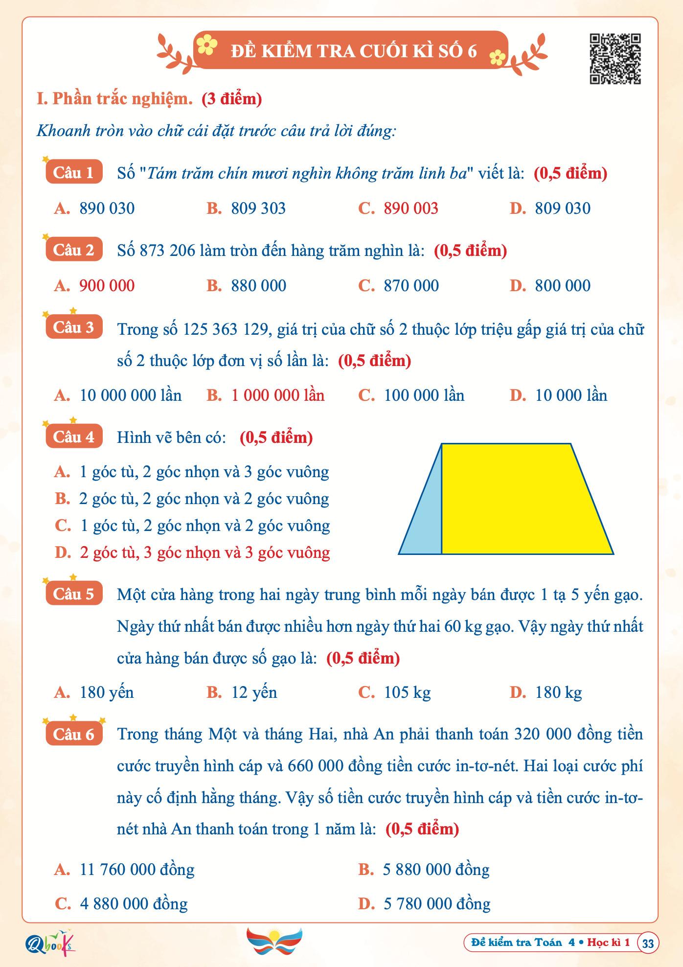 Sách Đề Kiểm Tra Toán Lớp 4 - Học Kì 1 - Cánh Diều (1 cuốn) - Bản Quyền