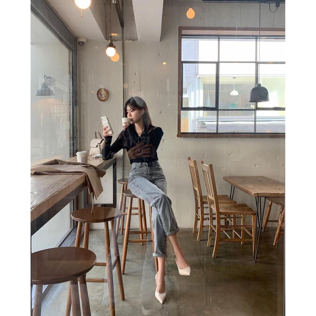 Quần jean ống suông lưng cao xắn gấu form hàn