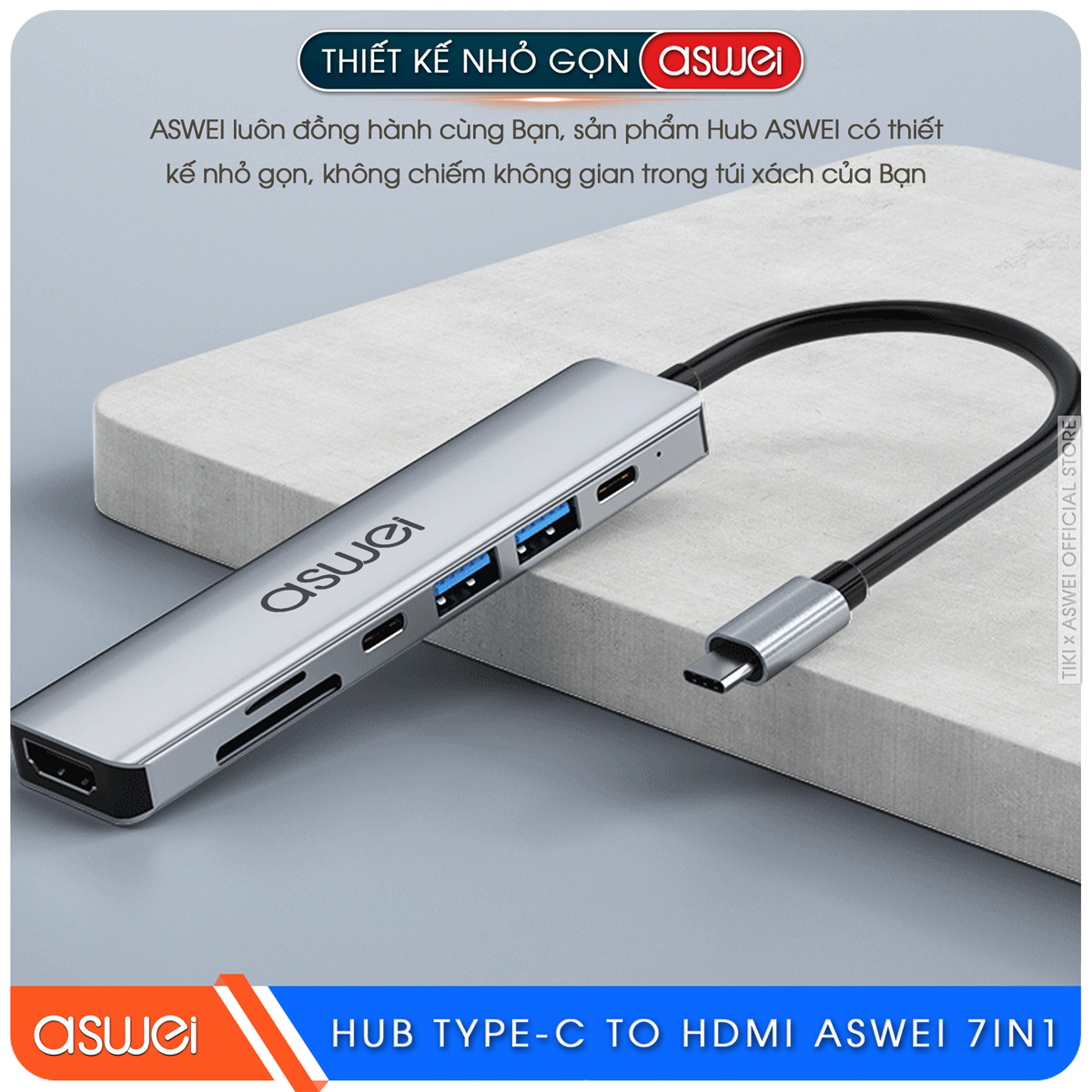 Hub Type C ASWEI 7 in 1 To HDMI, USB 3.0, SD, TF, USB-C, PD 100W - Hàng Chính Hãng