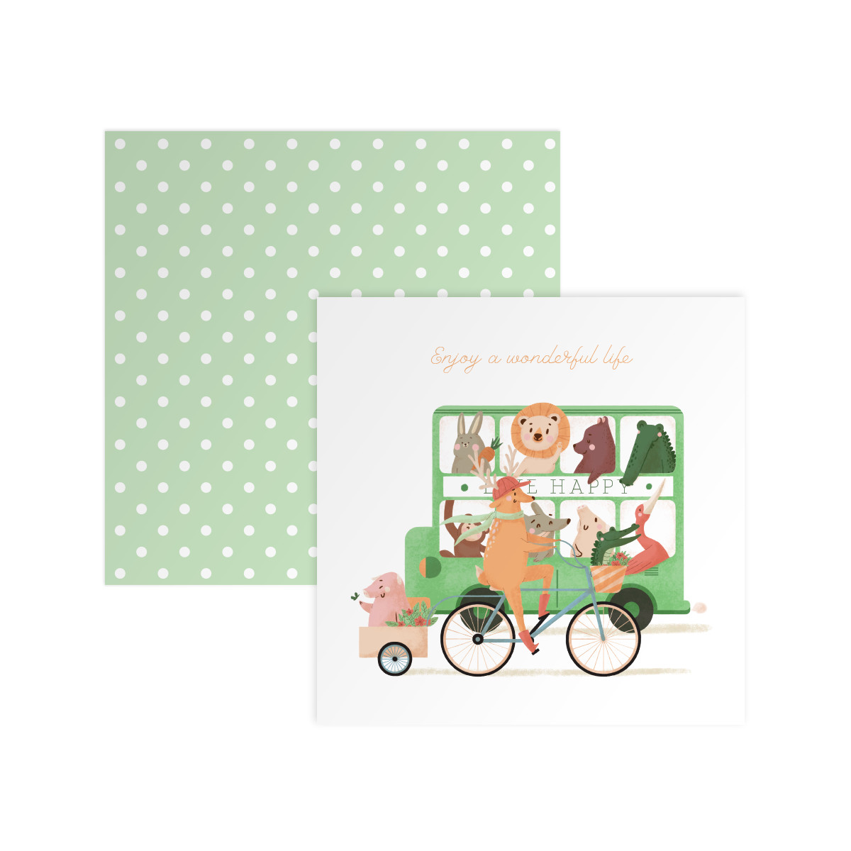 Thiệp chúc mừng sinh nhật, truyền cảm hứng ENJOY A WONDERFUL LIFE vuông 12cm SDstationery LIVE GREEN muông thú, xe buýt, xe đạp