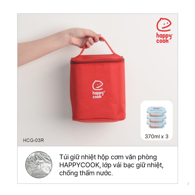 Bộ 3 Hộp Thủy Tinh Chữ Nhật 370ml + Túi Giữ Nhiệt HAPPYCOOK, HCG-03R