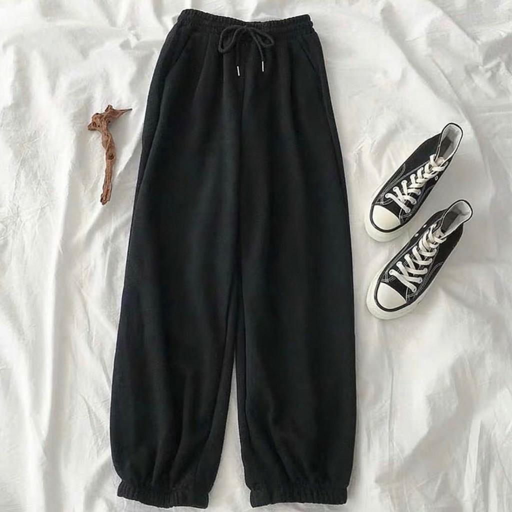 Quần ống rộng dáng jogger nữ trơn bo gấu chất da cá