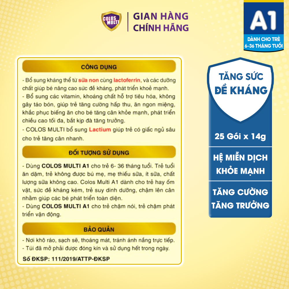 [ HỘP DÙNG THỬ] Sữa bột Colosmulti A1 hỗ trợ tăng cường sức đề kháng cho trẻ hộp 2 gói x 14g - MẪU THỬ
