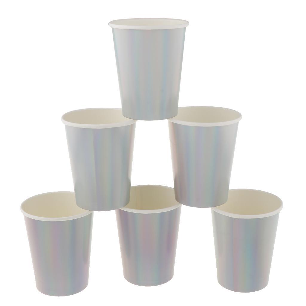 6 Iridescent Rainbow Silver Shiny Paper Cups Kids Birthday Tableware