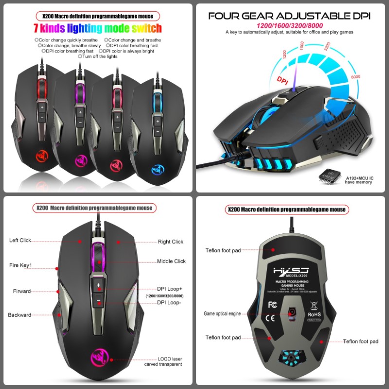 Chuột LED RGB 8000DPI Gaming Mouse HXSJ X200 - hàng nhập khẩu