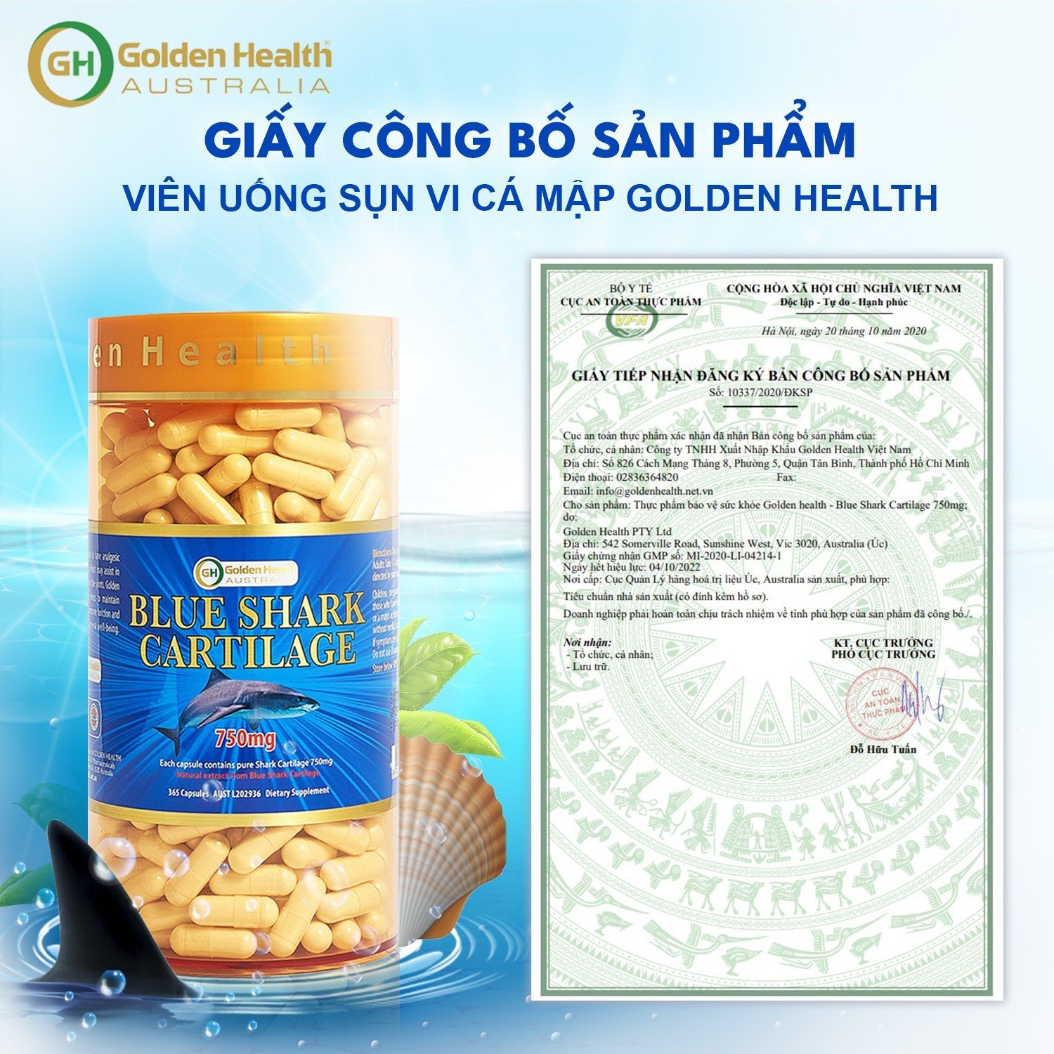Viên Uống Sụn Vi Cá Mập Hỗ Trợ Các Bệnh Lý Xương Khớp Mãn Tính Nguy Hiểm Như Thoái Hoá Khớp, Thoát Vị Đĩa Đệm, Loãng Xương Golden Health Blue Shark Cartilage 750mg hộp 365 Viên - Nhập Khẩu Chính Ngạch Từ Úc