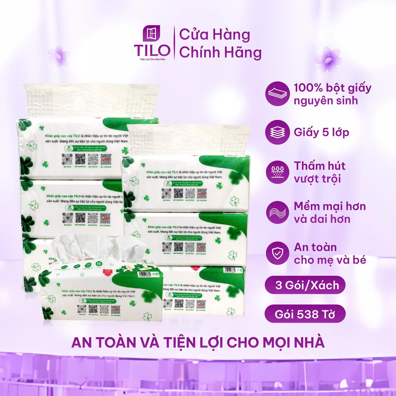 3 gói khăn giấy rút bàn TiLo 538 tờ khổ lớn 5 lớp dai mềm mịn, an toàn, siêu tiện lợi, siêu tiết kiệm
