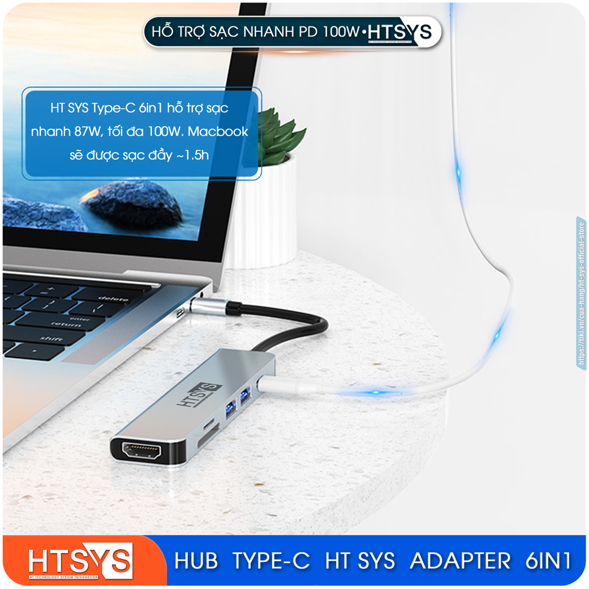 Hub Type C HT SYS 6 in 1 To HDMI, USB 3.0, SD, TF, PD 100W - Hàng Chính Hãng