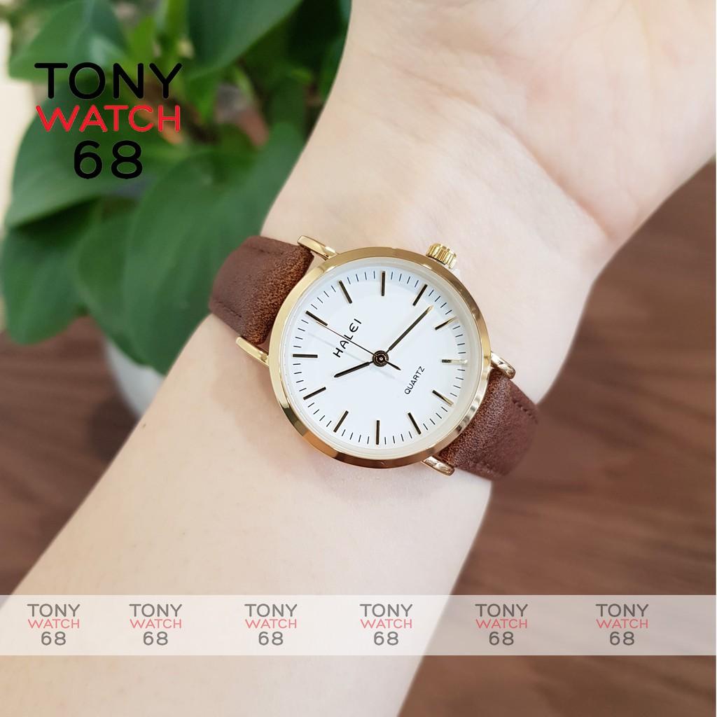 Đồng hồ nam Halei dây da nâu mặt số vạch chính hãng Tony Watch 68