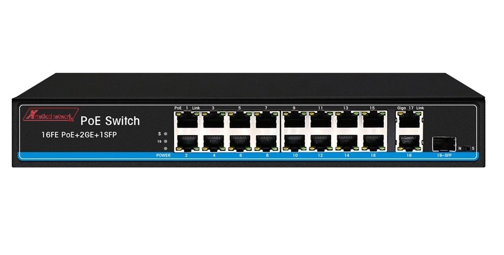 Bộ chuyển mạch 19 port unmanaged Ethernet Switch, 16 FE PoE, 2 Gigagit, 1SFP, 300w power supply - Xmethod Network - Hàng chính hãng
