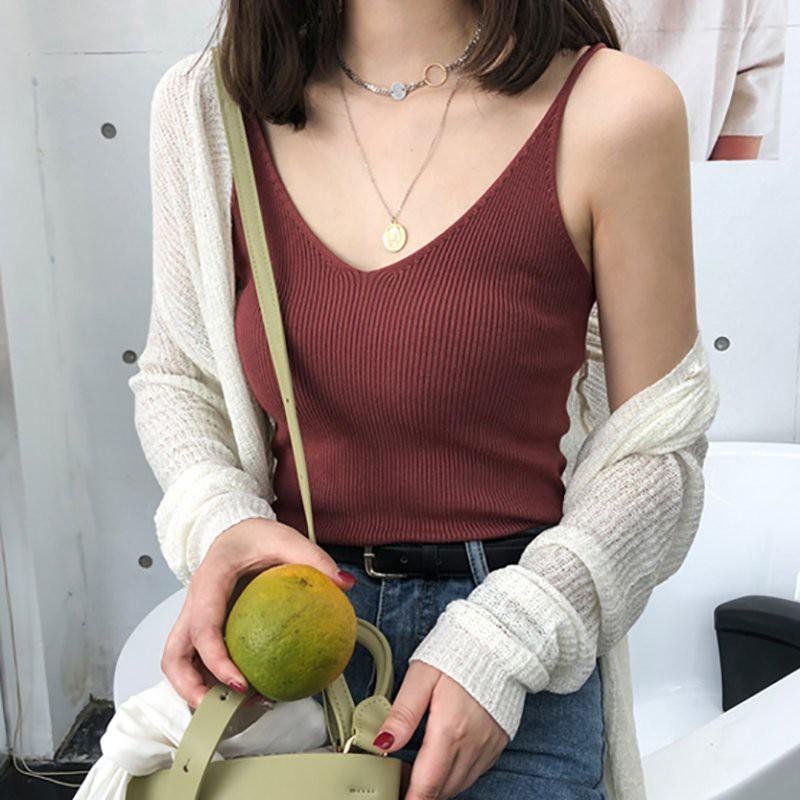 Áo Tank Top Dệt Kim Cổ Chữ U Phong Cách Retro