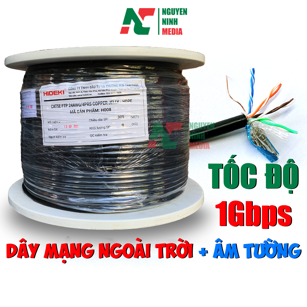 Dây Mạng Ngoài Trời + Âm Tường HIDEKI Cat5e FTP 8 Lõi Đồng Nguyên Chất + Bọc Bạc Phủ Dầu, Vỏ HDPE Siêu Bền - Hàng Chính Hãng