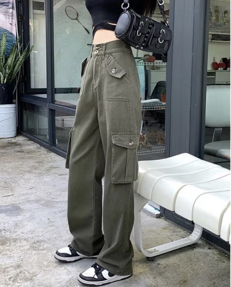 Quần Baggy Kaki Nữ Ống Suông 4 túi hộp to Kiểu Phong Cách Trend 2023